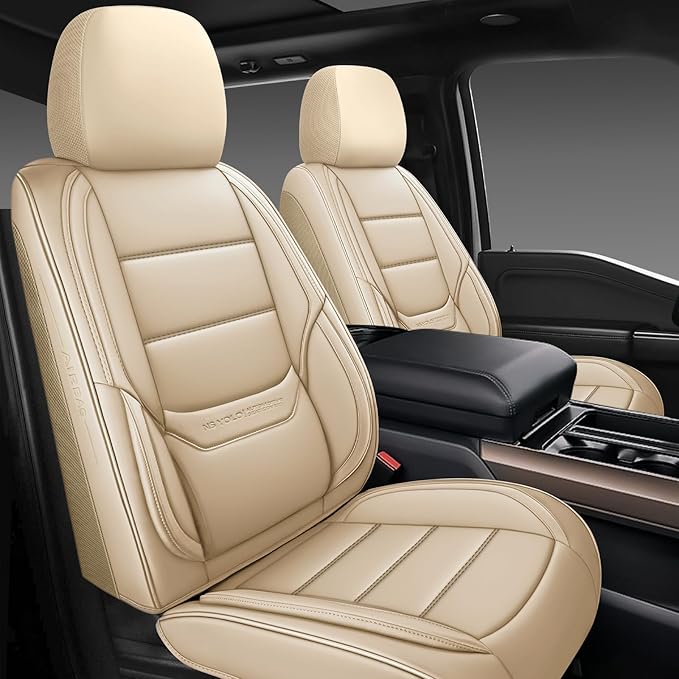 NS YOLO Leather Car Seat Covers Front Pair,Universal Fit for Most Cars,SUVs and Sedans,Waterproof Luxury Leatherette Cushions, 2 Car Seat Protectors (Beige, Front Pair-2 Seats(Driver and Passenger))