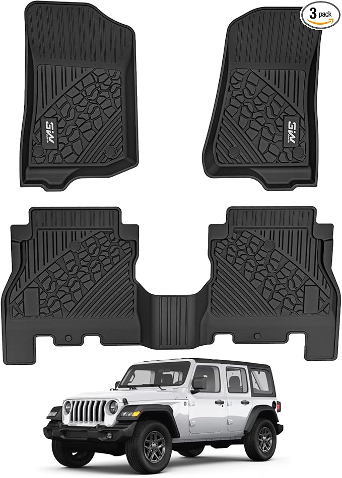3W Floor Mats Compatible for Jeep Wrangler JL 2018-2024 2025 Unlimited 4-Door Gas/MHEV Type(Non JK or 4XE) All-Weather TPE Floor Liner for 1st and 2nd Row Full Set Car Mats, Black