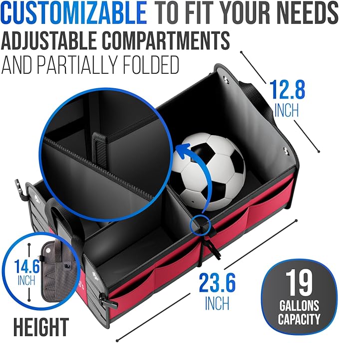 Car Trunk Organizer – Large Collapsible Storage Box with Adjustable Compartments – Heavy-Duty Cargo Organizer for SUV, Truck & Car – Non-Slip Waterproof Trunk Storage Bin for Groceries & Tools