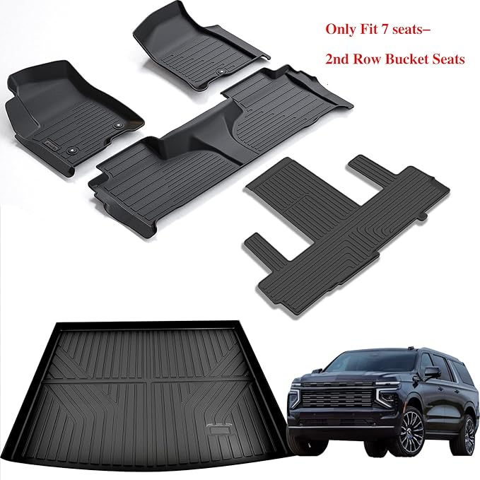 Floor Mats & Cargo Liners for Chevy Suburban 2021 2022 2023 2024-7 Seats (2nd Row Bucket Seat)，TPE All Weather Floor Liners & Trunk mat for Chevrolet Suburban