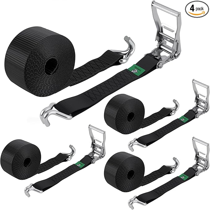 2" x20' Ratchet Straps with J Hooks - 10,000lb Break Strength/ 3,333lb Load Capacity Ratchet Tie Down Strap - Black Ratchet Straps Heavy Duty - Cargo Straps for Truck, Lawn Equipment, Car Roof-4 Pack