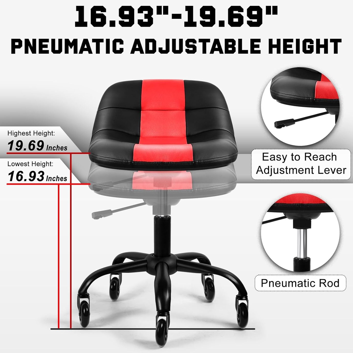 Rolling Stool with Wheels, Garage Shop Stool with Backrest, Roller Seat with Pneumatic Adjustable Height 16.93"-19.69", Heavy Duty Multi-Purpose Chair for Shop Salon Office Home, Red