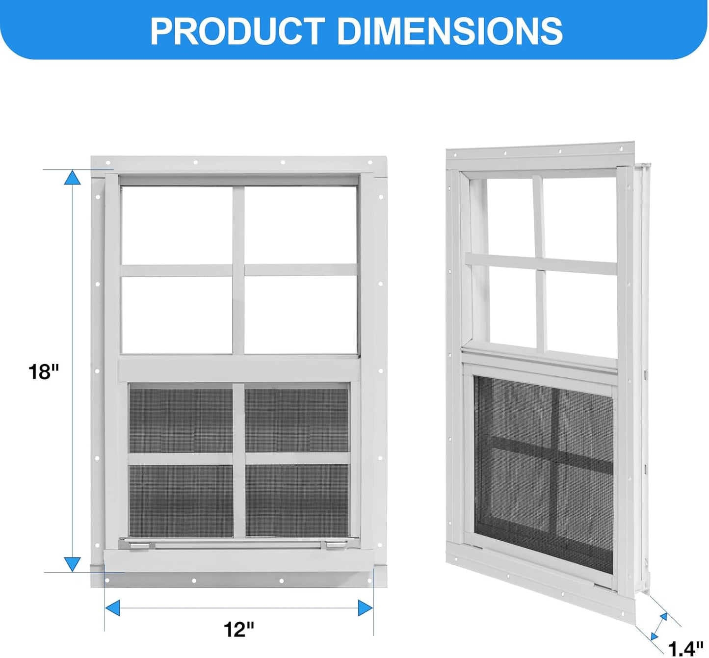 NeatiEase Upgraded Shed Windows 2 Pack, 12" x 18" Windows with Tempered Glass and Stainless Steel Screen for Shed, Chicken Coop, Playhouse, Household, Garage(White)