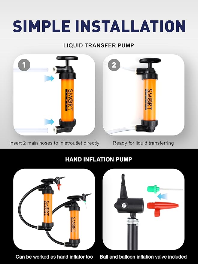 SMART JERRY - Siphon Pump for Gasoline, Fluid Transfer Pump Automotive, RV Antifreeze Pump Kit, Oil Transfer Pump, Hand Pump Siphon, Manual Fuel Transfer Pump, Transmission Fluid Pump, Lawn Mower Pump