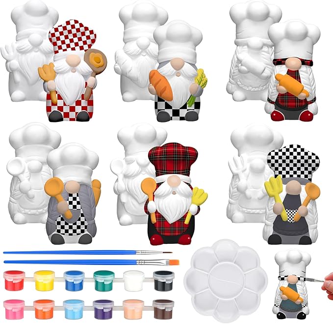 Eersida 6 Sets Christmas Chef Ceramics to Paint Black and White Chef Gnome Ready to Paint Your Own Ceramic Xmas Statue DIY Unpainted Ceramic Paintable Christmas Figurines Kit Crafts with Brush Palette