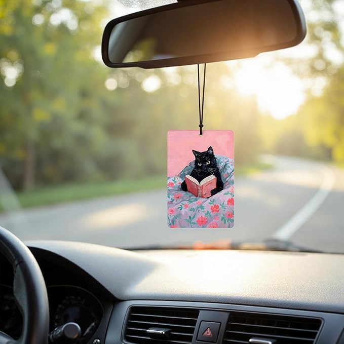 Funny Cat Reader Book Car Air Freshener 4 Pcs, Preppy Pink Floral Black Orange Tabby Cats Bookish Hanging Air Freshener for Car Closet Drawer Books, Girly Car Accessories Mirror Decor for Women