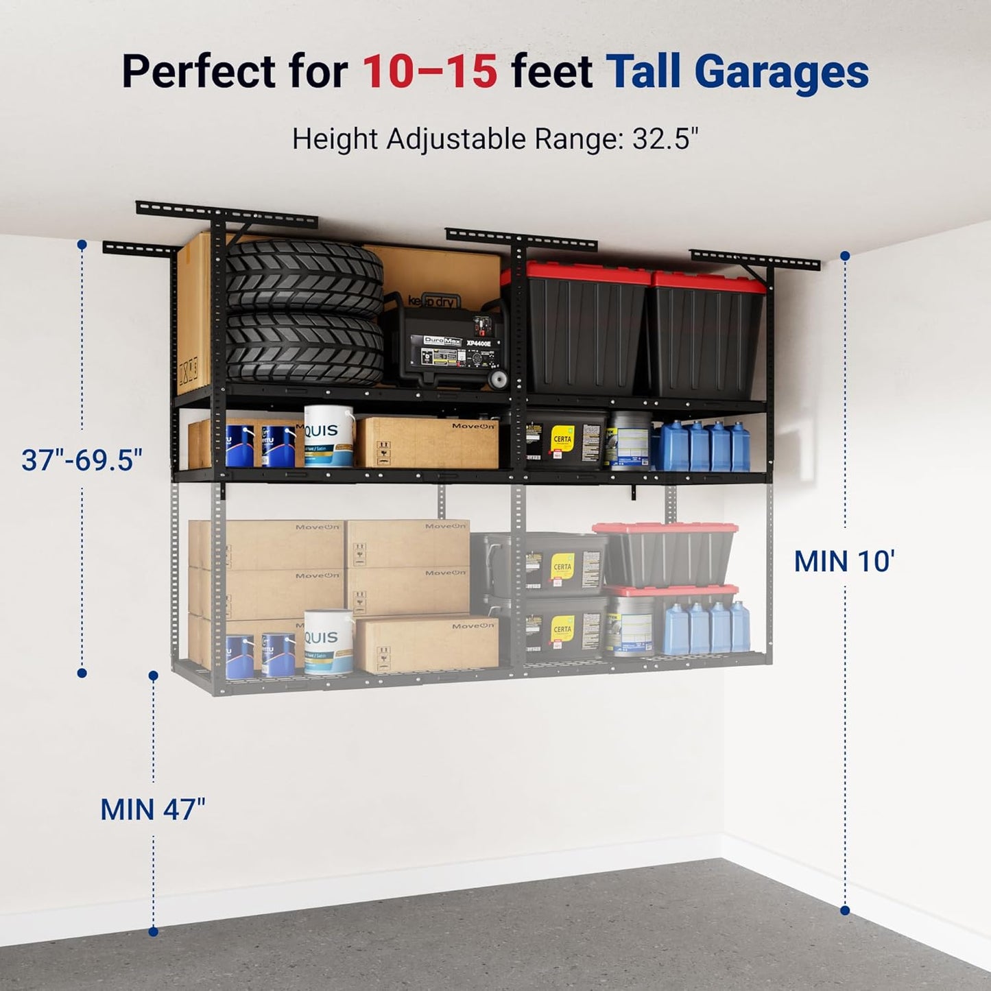 FLEXIMOUNTS 3x8 2-Tier Overhead Garage Storage Rack – Adjustable Heavy Duty Metal Garage Ceiling Storage Racks, 1000 lbs Capacity – Garages Organization System for 10–15 ft Tall Garages, Black