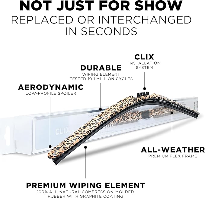 Clix Wipers - Jeep Wrangler & Gladiator (16"/16") Leapord Print Windshield Wiper Blades (All Wrangler & Gladiator Models), All-Weather Replacement Wipers-Set of 2, Includes Quick Clips (1997-2025)