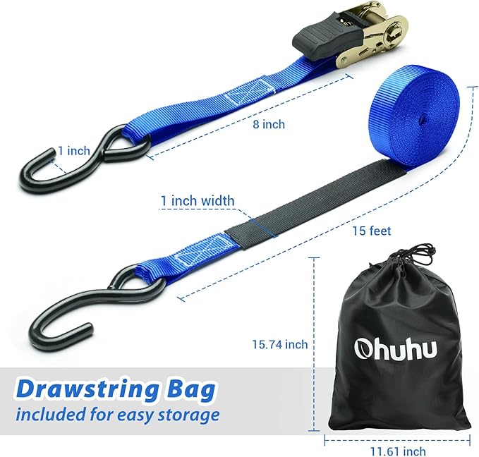 Ratchet Tie Down Strap 8-Pack 15 Ft - 500 lbs Load Cap with 1500 lbs Breaking Limit, Ohuhu Ratchet Tie Downs Logistic Cargo Straps for Moving Appliances Motorcycle Blue