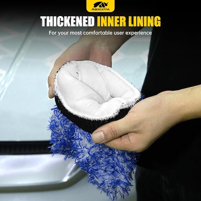 MIKKUPPA Microfiber Car Wash Mitt - Double-Sided Ultra Absorbent Scratch Free Premium Blend Glove for Car Washing Home Cleaning (Blue, 2Pack, 11'' x 8'')