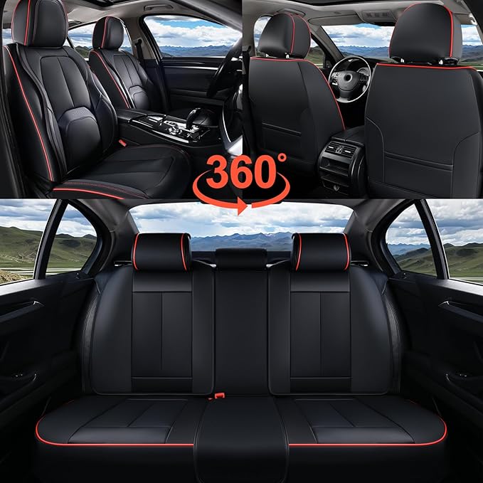 Coverado Car Seat Covers Full Set, Premium Nappa Leather Seat Covers for Car, Waterproof Car Seat Protector with Lumbar Support, Car Seat Cover Universal Fit for Most Cars SUV Truck(Black&Red)
