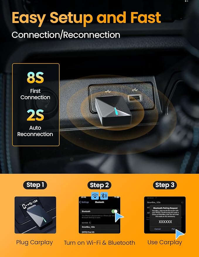 Wireless CarPlay Adapter for 2018-2024 Ford F-150/Chevy Silverado/RAM – 5.2GHz WiFi 6, Active Cooling & 2s Auto Connect, Dual iOS/Android CarPlay Adapter, Plug & Play, Optimized Connectivity