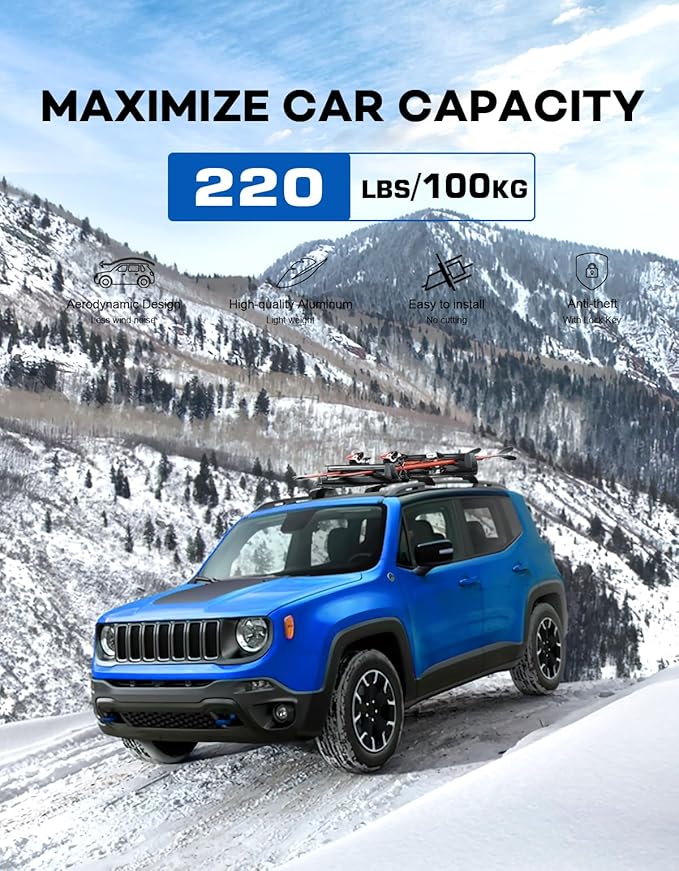 Lockable Roof Rack Cross Bars 220lbs Compatible with 2015-2024 Jeep Renegade (with Raised Side Rails), Heavy Duty Aluminum Roof Rails Crossbars Cargo Canoe Black Rooftop Cargo.