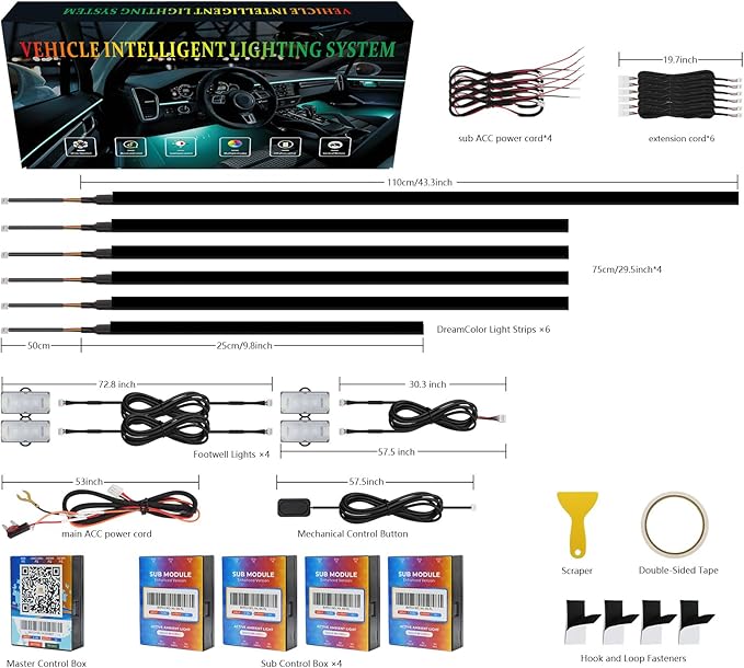 New Version Dreamcolor Acrylic Car Interior Lights 10 in 1 RGB LED Strip Lights APP Control Zoned Control System 252 Color Modes DIY Fiber Optic Ambient Lighting Kits Music Car Neon Lights