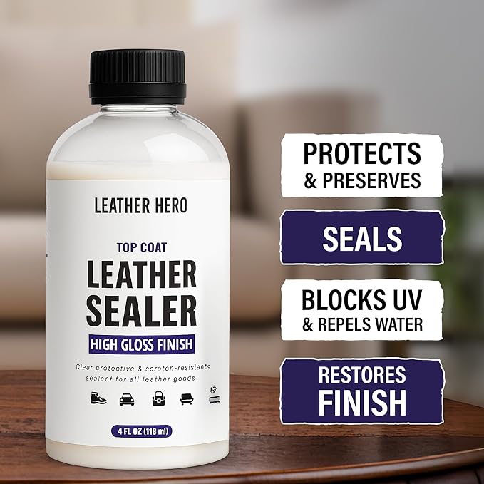 Leather Hero Top Coat – Leather Sealant & Protective Finish for Dye, Paint, Car Seats, Shoes & More – Scratch-Resistant Color Restorer with Applicator – 4oz (High Gloss Finish)