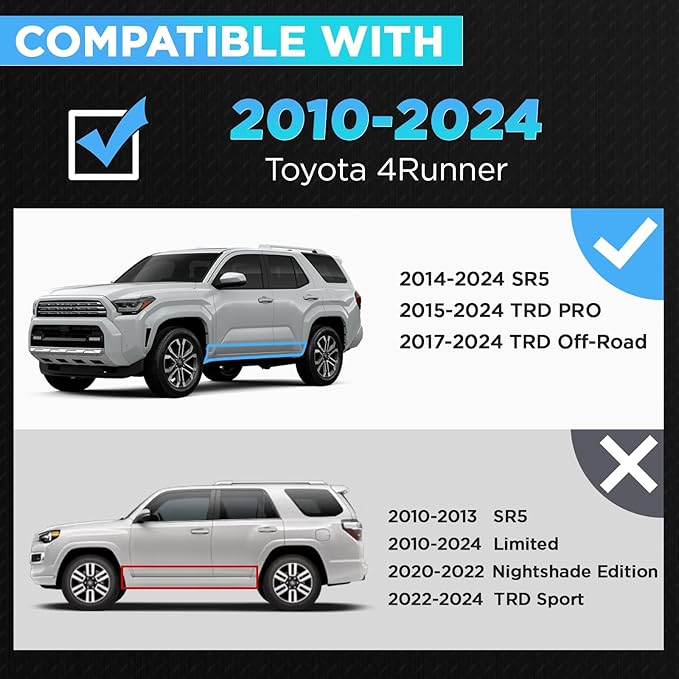 PZ Running Boards Compatible with 2010-2024 Toyota 4Runner Trail Edition,2014-2024 4Runner SR5/TRD Pro Model (Without Side Skirts), Drop Side Steps Black Heavy Duty Carbon Steel Rails Nerf Bars