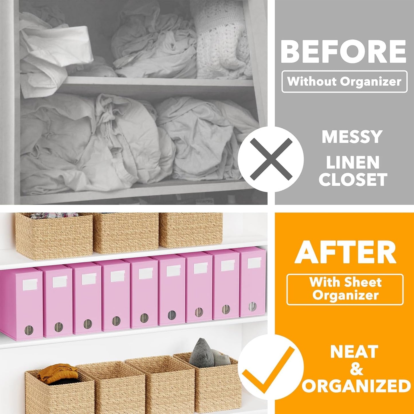 SpaceAid 9 Pack Bed Sheet Organizers and Storage, Foldable Sheet Organizer with Window for Linen Closet, Set Folder Keeper for Queen & King Size Bedding Storage (Pink)