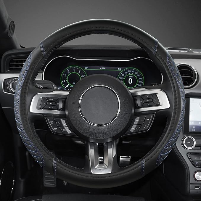 West Llama Car Steering Wheel Cover for Ford Escape,Explorer,Fusion,Focus,Bronco,Transit,Edge(Diamond Quilted - Black+Blue- Standard Size)