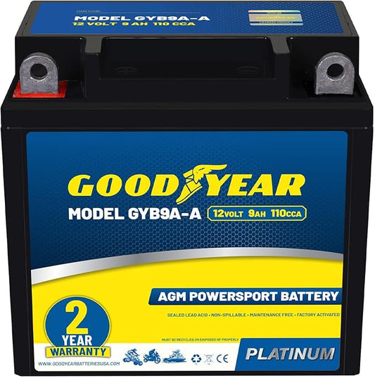 Goodyear GYB9A-A - 12 Volt 9 AH, 110 CCA, Rechargeable High-Performance, Maintenance Free, SLA - AGM Battery for Motorcycle, ATV, UTV, Scooter, Snowmobile, Motorbike and more!