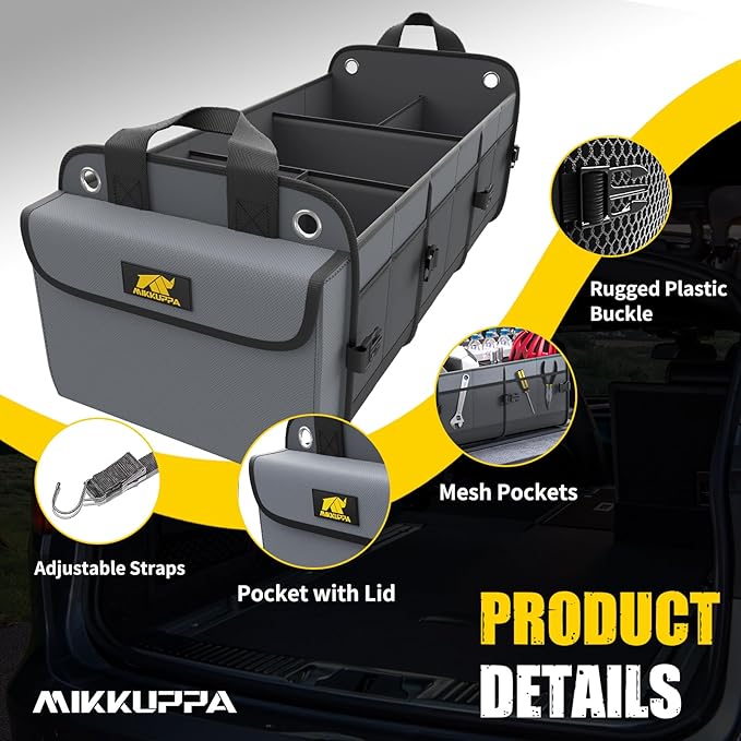 MIKKUPPA Car Trunk Organizer with Cooler - 100L Large Car Organizer, 1680D Oxford Collapsible Suv Trunk Storage with 2 Adjustable Straps for Auto, Truck, Suv (Gray)
