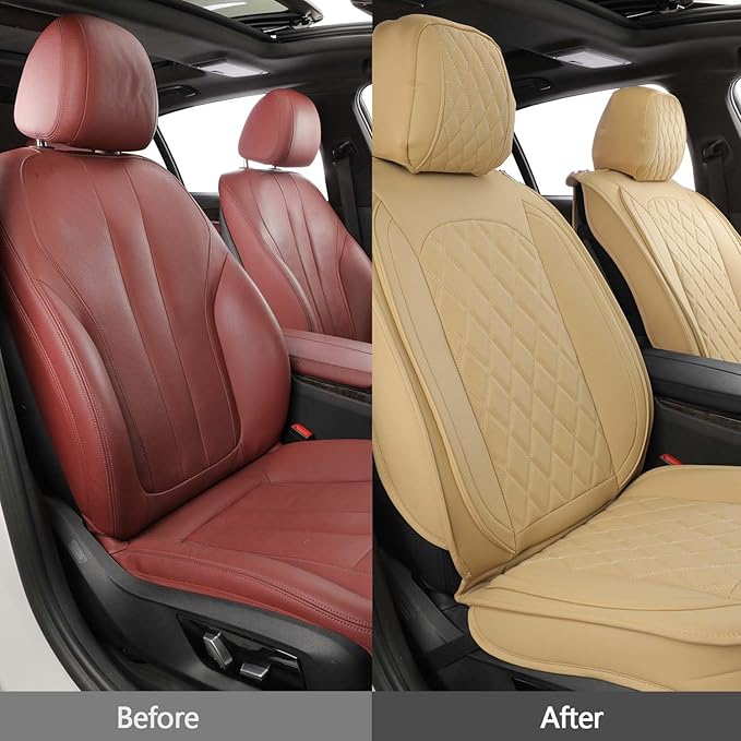 MIROZO Front Seat Covers for Car,2PCS Waterproof Car Seat Covers Faux Leather Automotive Seat Covers Car Seat Protector Vehicle Seat Cover for Sedan, Truck and SUV (2PCS Front, Beige