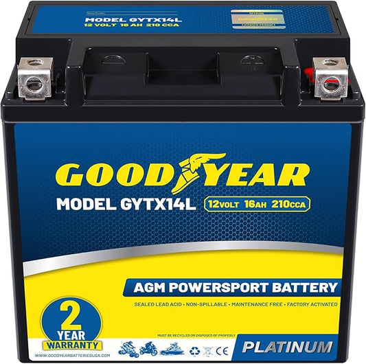 Goodyear GYTX14L -12 Volt 16 AH, 210 CCA, Rechargeable High-Performance, Maintenance Free, SLA - AGM Battery for Motorcycle, ATV, UTV, 4-Wheeler, Snowmobile, Watercraft and more!