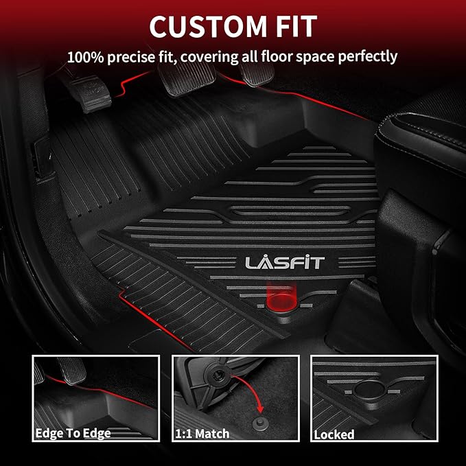 LASFIT Floor Mats for Ford F-150 2015-2025 | F150 Lightning 2022-2025 SuperCrew (Rear w/o Fold Flat Storage) Carpet Floor All Weather Protector TPE Truck Liners- 1st & 2nd Row, 3pcs Black
