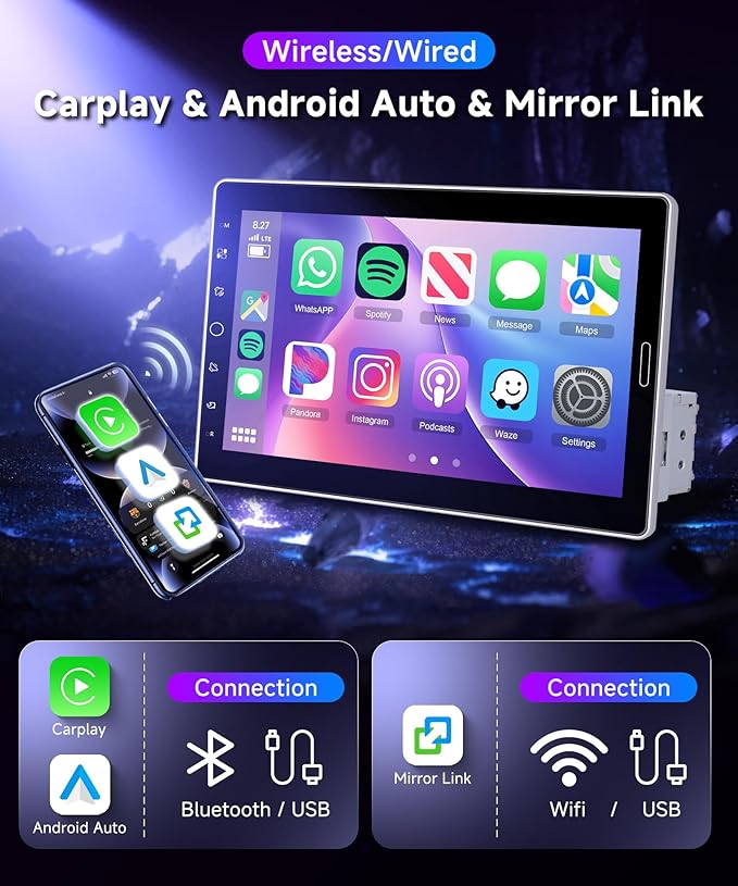 Rimoody 10.1 inch Single Din Car Stereo Wireless CarPlay Android Auto, Car Radio with Bluetooth 5.2, FM/AM/RDS, IPS Touch Screen, Car Audio Receiver Backup Camera, Mirror Link, EQ/USB,/AUX/SWC/MIC