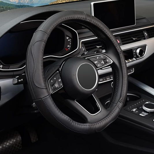 KAFEEK Steering Wheel Cover, Universal 15 inch, Microfiber Leather, Anti-Slip,Odorless, Black Lines