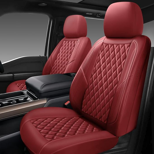 Premium Leather Car Seat Covers Front Pair,Universal Fit for Cars,Trucks&SUVs,Waterproof Car Seat Cushion,Full Coverage Car Seat Protector with 2 Seats,Wine Red