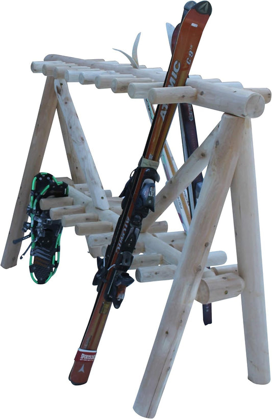 21-Place Freestanding Log Ski Rack Holder, Indoor & Outdoor Snowboard Racks, Standing Storage, Garage Racks for Snow Skis & Poles, Snowboard Rack Garage Storage Organizer - Natural + 15" Anchor Kit