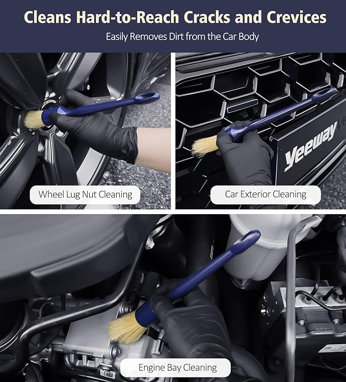 YeewayVeh Car Detailing Brush Set, 3 Pack Ultra Soft Boars Hair Detailing Brushes for Leather Seat Air Vents Engine Bay, Auto Detail Brushes Car Detailing for Interior Exterior, Indigo