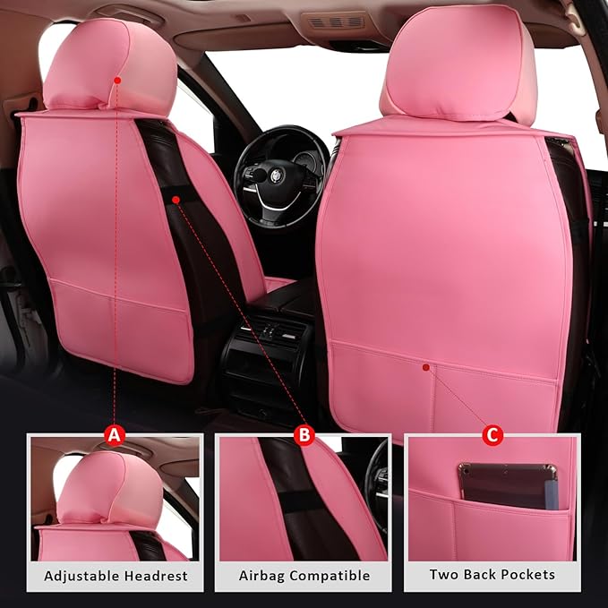 MIROZO Front Seat Covers Pink,2PCS Car Seat Covers Faux Leather Automotive Seat Cover Car Seat Protector Vehicle Seat Cover for Sedan, Truck and SUV (2PCS Front, Pink)