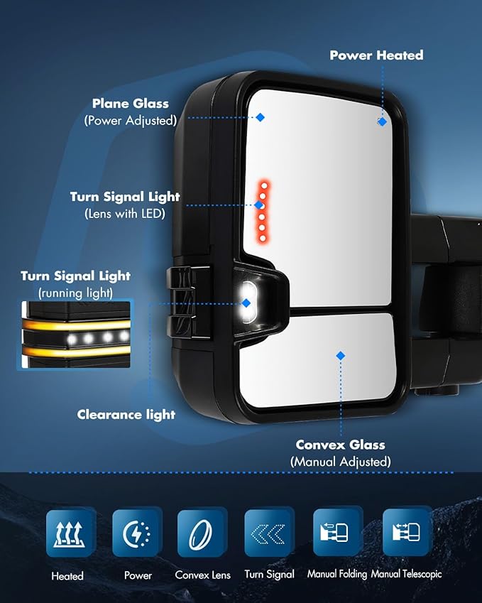 ECCPP Towing Mirrors Tow Mirrors Compatible With 2003-2006 For Chevy For Silverado 2003-2006 For GMC For Sierra Left Right Side With Power Heated Turn Signal Light Clearance light Black Texture