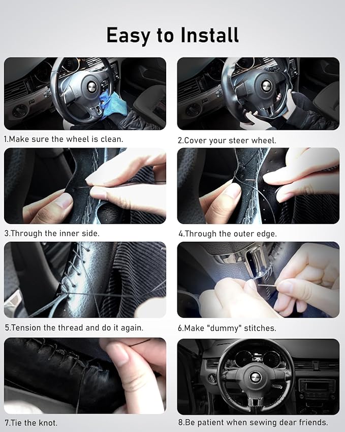 BELINOUS Leather Steering Wheel Cover Lace Up, Stitch On Wrap, Universal Fit 13-20 inch Car Truck SUV Pickup Boat, A Whole Piece of Cowhide, DIY Stitch w/Needle Thread (Size XXL2, Gray)