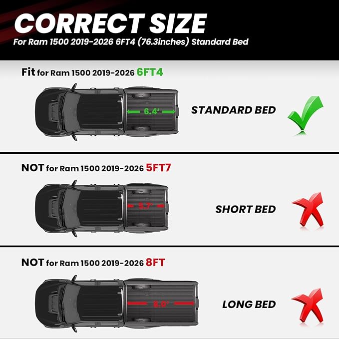 LASFIT 6FT4 Trunk Bed Mat for Ram 1500 2019-2026 Standard Bed (6.4 FT / 76.3inches) NOT for Classic Model or Model with RamBox, All Weather TPE Custom Fit Truck Cargo Bed Liner, Black