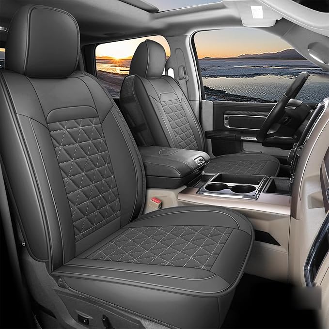Coverado Leather Car Seat Covers, Waterproof Dooge Ram 1500 Seat Covers Compatible with 2002-2025 Dodge Ram 1500 2500 3500 with Flat Bench (Full Set, Dark Gray)
