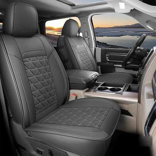 Coverado Leather Car Seat Covers, Waterproof Dooge Ram 1500 Seat Covers Compatible with 2002-2025 Dodge Ram 1500 2500 3500 with Flat Bench (Full Set, Dark Gray)