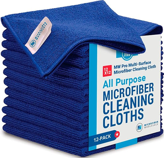Microfiber Wholesale 12" x 12" MW Pro Multi-Surface Cleaning Cloths Dark Blue - 12 Pack | Premium Microfiber Towels for Cleaning Glass, Kitchens, Bathrooms, Automotive, Supplies & Products
