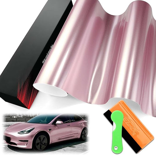 1FTx5FT PET Super Gloss Metallic Passion Pink High Glossy Vinyl Wrap Auto Car Sticker Decal Film Sheet Bubble Free Air Release Technology with Tool Set