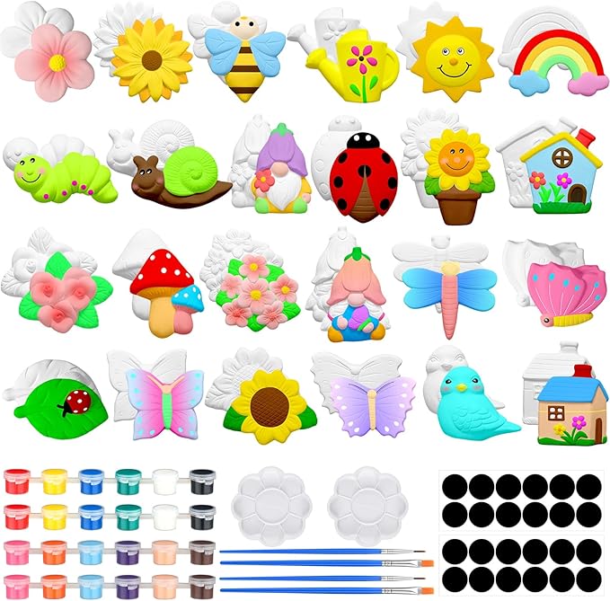 Simgoing 24 Sets Spring Theme Arts and Crafts Set Ceramic Painting Kit Unpainted Paintable Ceramics with 24 Magnet 2 Palette and 4 Brushes, Paint Your Own DIY Figurines