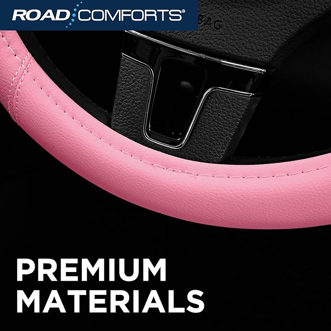 Road Comforts Car Steering Wheel Cover - Microfiber Leather Steering Wheel Wrap Sports 14.5-15 Inch Steering Wheel Cover Non-Slip for Men Women Pink & Pink Color