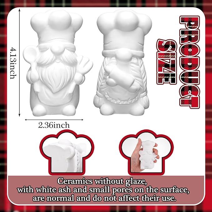 Seenelling 2 Pack Christmas Chef Gnome Ready to Paint Your Own Statues 4'' DIY Unpainted Ceramics Figurines Kit Blank Paintable Ceramics Classroom Art and Crafts Christmas Home Decorations