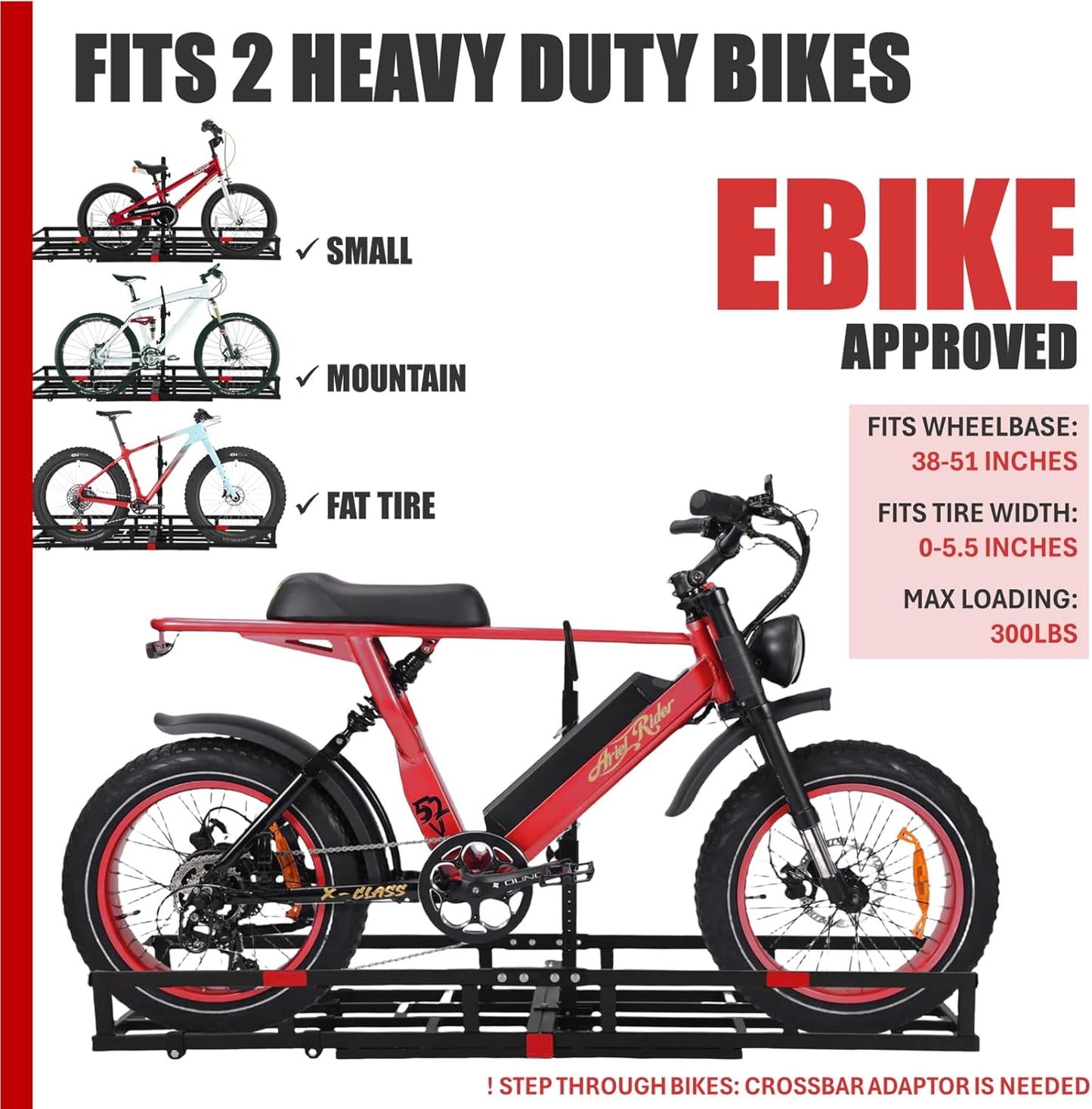 Hitch-Mount Bike Rack for Ebike Heavy-Duty - Comes with Cargo Carrier Fits 2 Electric Fat-Tire Mountain Bicycles Fits 2" Receiver for Car Trailer SUV Truck RV Minivan