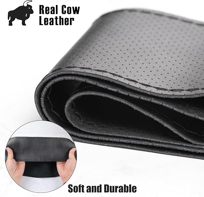 SEG Direct Genuine Leather Steering Wheel Cover, Stitch On Wrap, Breathable Cowhide Steering Wheel Wrap, Standard Size 15 Inch, for Car Truck SUV Pickup Boat, DIY Sewing with Needle Thread, Black