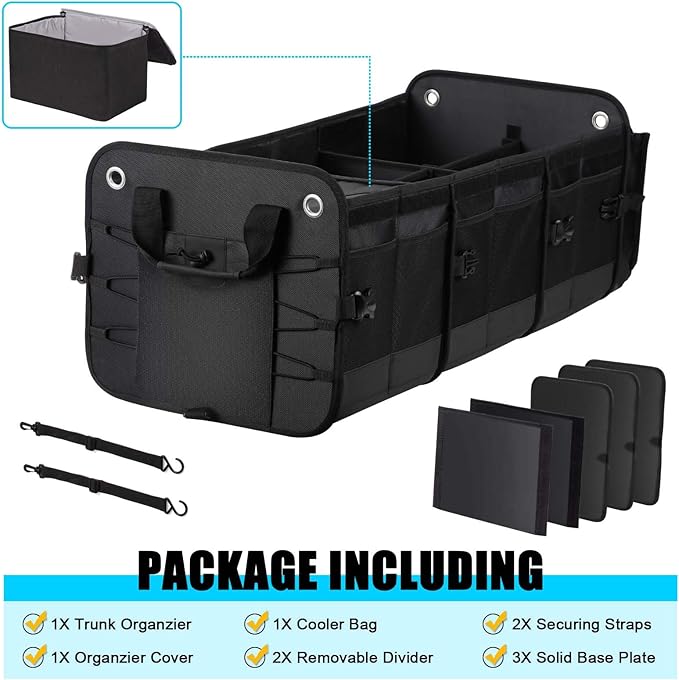Large Trunk Organizer for Car, SUV, Truck with Removable Cooler Bag-Collapsible Multi Compartments w/Foldable Cover, Non Slip Bottom Cargo Storage (Black)