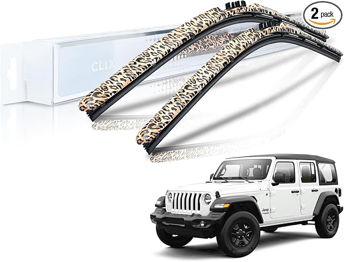Clix Wipers - Jeep Wrangler & Gladiator (16"/16") Leapord Print Windshield Wiper Blades (All Wrangler & Gladiator Models), All-Weather Replacement Wipers-Set of 2, Includes Quick Clips (1997-2025)