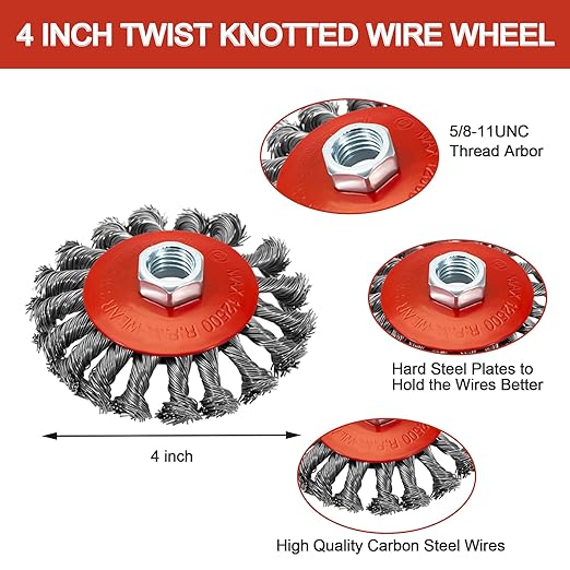 6 Pack 4 Inch Wire Wheels for Angle Grinder, 3 Inch Wire Cup Brush for 4 1/2 Angle Grinder, Twist Knotted Carbon Steel Wire Wheel with 5/8"-11 UNC Thread Arbor for Removing Rust,Paint etc