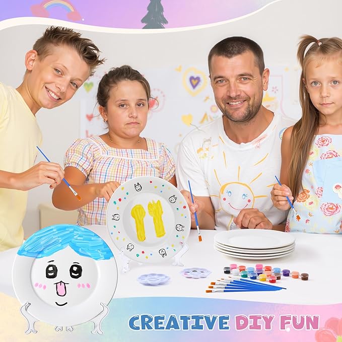Humyoun 36 Pcs Paint Your Own Porcelain Plates Ceramic Painting Kit Includes 6 Porcelain Plates 6 Paints 12 Paint Brushes 6 Stands and 6 Color Palette DIY Unpainted Ceramic Art Crafts Kit for Adults