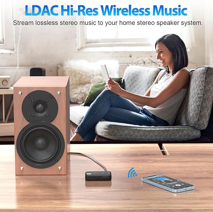 1Mii LDAC Bluetooth Aux Adapter for Car, Wireless Bluetooth 5.3 Receiver with Volume Control, 10H Battery Life, Hands Free Calls, Use in Car/Home Stereo/Wired Headphones/Speaker